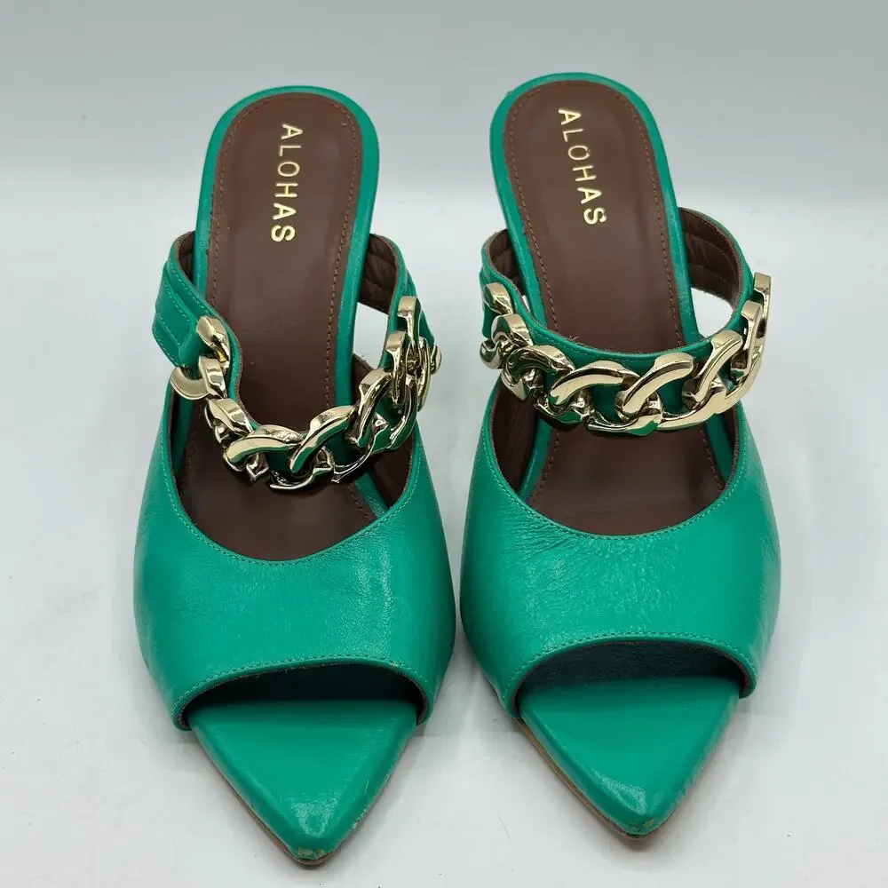 ALOHAS Daisy Heeled Mule Gold Chain Kelly Green Sz 37 / US 6 $195